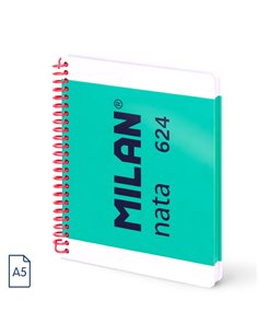 Milan Nata 624 Cahier A5 Avec Spirale - Cuadriculado - 80 Feuilles de 95Gr - Couverture rigide - Couleur Vert