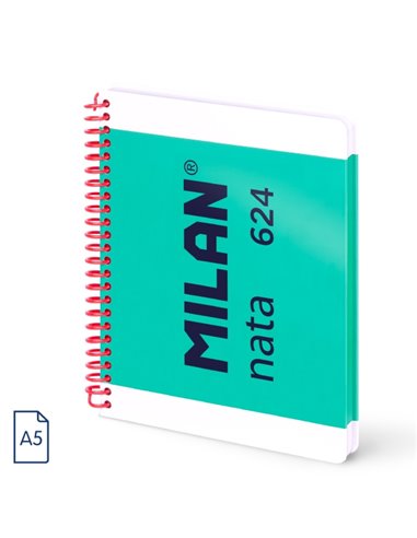 Milan Nata 624 Cahier A5 Avec Spirale - Cuadriculado - 80 Feuilles de 95Gr - Couverture rigide - Couleur Vert