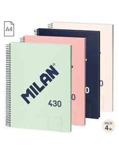 Milan 430 Since 1918 Pack de 4 Cuadernos A4 Avec Spirale - Papier à Lineas de 7mm - 80 Feuilles de 95g - Couverture rigide - Cou
