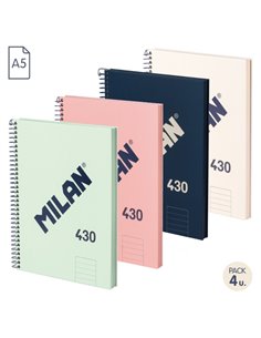 Milan 430 Since 1918 Pack de 4 Cuadernos A5 Avec Spirale - Papier à Lineas de 7mm - 80 Feuilles de 95g - Couverture rigide - Cou