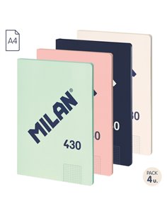Milan 430 Since 1918 Pack de 4 Libretas A4 Encoladas - Cuadricula 5x5mm - 48 Feuilles de 95g - Couleurs assorties