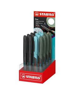 Stabilo Flow Présentoir Avec 16 Boligrafos - Trait 0.5mm - Agarre Ergonomique - Rechargeable - Encre Couleur Bleu - Corps en 3 C