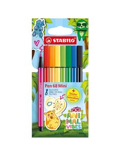 Stabilo Pen 68 Mini Animal Vibes Pack Avec 8 Feutres - Pointe de Fibre - Comprend 5 Pegatinas Personalizables - Trait de 1mm apr