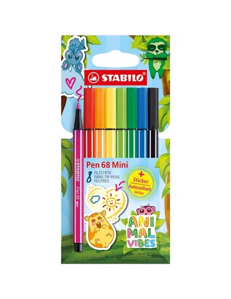 Stabilo Pen 68 Mini Animal Vibes Pack Avec 8 Feutres - Pointe de Fibre - Comprend 5 Pegatinas Personalizables - Trait de 1mm apr