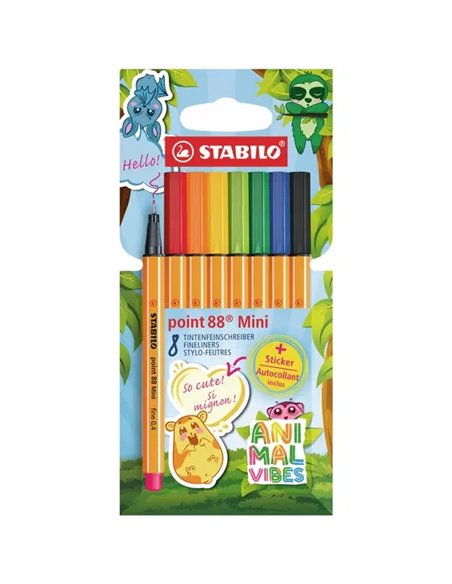 Stabilo Point 88 Mini Animal Vibes Pack Avec 8 Feutres de Pointe Fina de Fibre - Comprend 5 Pegatinas Personalizables - Trait de