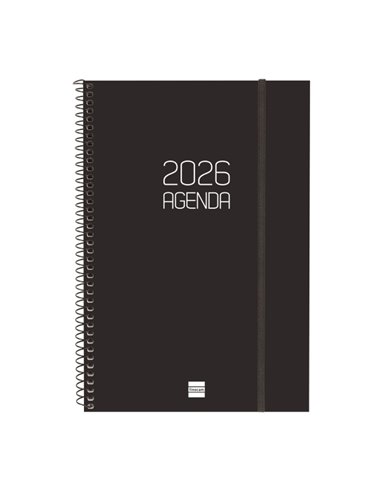 Finocam Opaque Agenda de Spirale - Annuel 2026 - Couvercle Légère - Fermeture Avec Goma Élastique - Format E11 - 172x14x242mm - 
