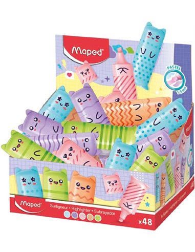 Maped Kawaii Présentoir Avec 48 Mini Marcadores Fluorescentes Pastel - Divertidos Diseños Kawaii - Trait de 1 à 5mm - Idéal Pour