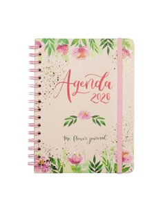 Finocam Flower Journal Agenda de Spirale en Catalan - Annuel 2026 - Couverture rigide - Fermeture de Goma - Format E10 - 155X212