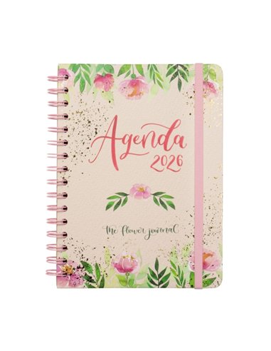 Finocam Flower Journal Agenda de Spirale en Catalan - Annuel 2026 - Couverture rigide - Fermeture de Goma - Format E10 - 155X212