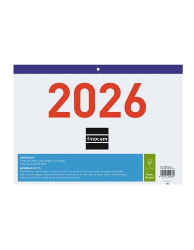 Finocam Calendario Faldilla en Catalan - Annuel 2026 - Format F93 - 300x3x210mm - Numeros Grandes - Couleur Blanc et Bleu