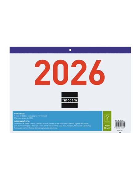Finocam Calendario Faldilla en Catalan - Annuel 2026 - Format F93 - 300x3x210mm - Numeros Grandes - Couleur Blanc et Bleu