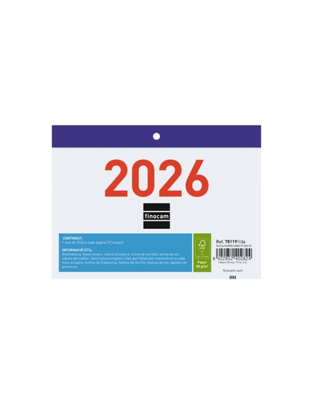 Finocam Calendario Faldilla en Catalan - Annuel 2026 - Format F91 - 150x3x105mm - Numeros Grandes - Couleur Blanc et Bleu