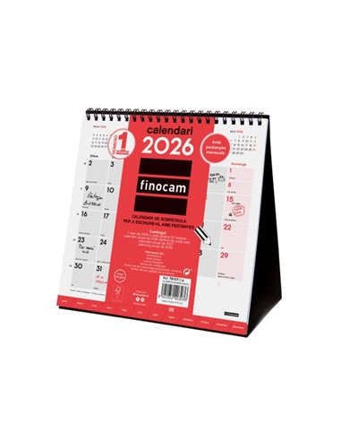 Finocam Calendario de Sobremesa en Catalan - Annuel 2026 - Meses en Solapa - 190x70x205mm - Espacio Pour Escribir - Couleur Blan