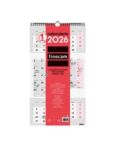Finocam Calendario de Pared - Annuel 2026 - Espacio Pour Escribir - 236x8x440mm - 3 Meses Vista - Couleur Blanc et Rouge