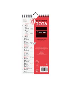 Finocam Calendario de Pared - Annuel 2026 - 110x5x240mm - Espacio Pour Escribir - Couleur Blanc et Rouge