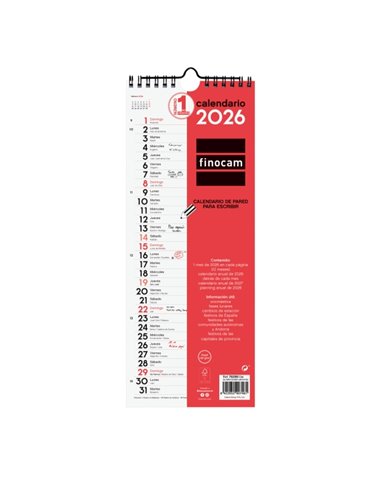 Finocam Calendario de Pared - Annuel 2026 - Format Largo M - 130x5x335mm - Espacio Pour Escribir - Couleur Blanc et Rouge