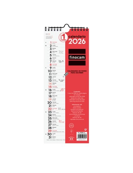 Finocam Calendario de Pared - Annuel 2026 - Format Largo M - 130x5x335mm - Espacio Pour Escribir - Couleur Blanc et Rouge