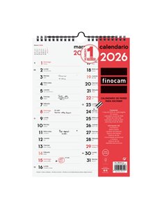 Finocam Calendario de Pared - Annuel 2026 - Espacio Pour Escribir - Format M - 210x6x305mm - Dos Columnas - Couleur Blanc et Rou
