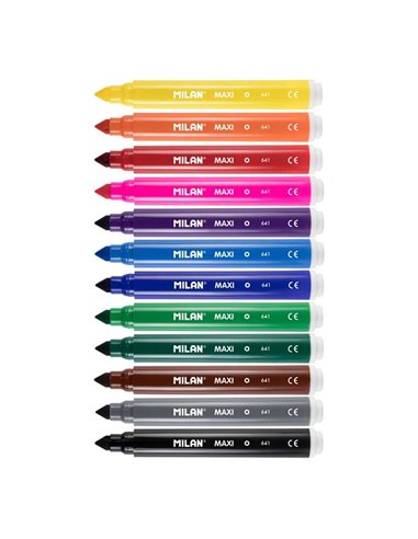 Milan Pack de 12 Feutres Maxi - Pointe Conica 7.5mm - Encre al Eau - Lavable - Couleurs assorties