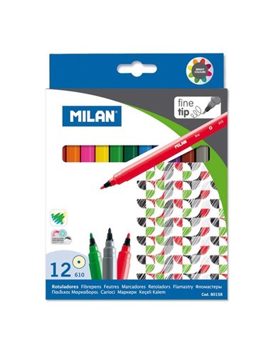Milan Pack de 12 Feutres - Pointe Fina de 2mm - Encre al Eau - Lavable - Couleurs assorties