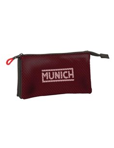 Safta Munich Vulcan Trousse - 3 Compartiments Avec Cremalleras - Poche Intérieur - 0.6L - 220x30x120mm - Couleur Noir et Rouge