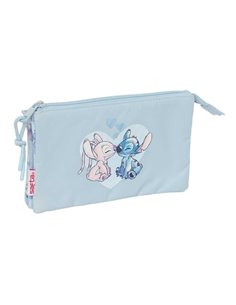 Safta Stitch Trousse - 3 Compartiments Avec Cremalleras - Poche Intérieur - 0.6L - 220x30x120mm - Couleur Bleu Clair