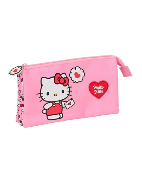 Safta Hello Kitty Trousse - 3 Compartiments Avec Cremalleras - Poche Intérieur - 0.6L - 220x30x120mm - Couleur Rose