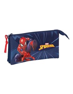 Safta Spider-Man Trousse - 3 Compartiments Avec Cremalleras - Poche Intérieur - 0.6L - 220x30x120mm - Couleur Bleu Marine