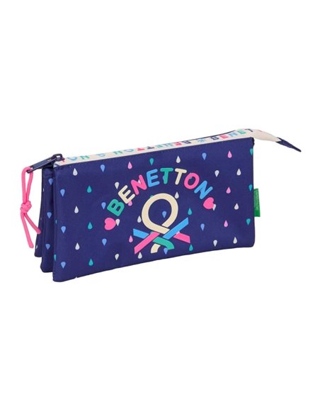 Safta Benetton Drop Trousse - 3 Compartiments Avec Cremalleras - Poche Intérieur - 0.6L - 220x30x120mm - Couleur Bleu Foncé