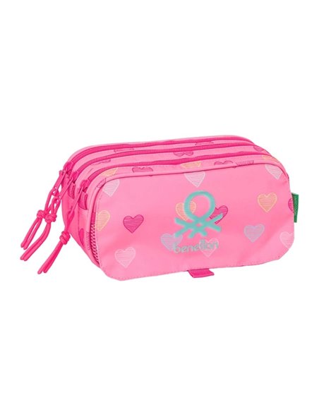 Safta Benetton Heart Trousse - 3 Compartiments Avec Cremalleras - Poche avant - Ruban Adaptable - 1.72L - 215x80x100mm - Couleur