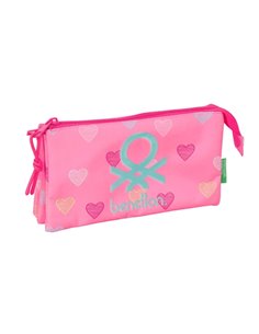 Safta Benetton Heart Trousse - 3 Compartiments Avec Cremalleras - Poche Intérieur - 0.6L - 220x30x120mm - Couleur Rose