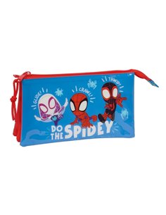 Safta Spidey Trousse - 3 Compartiments Avec Cremalleras - Poche Intérieur - 0.6L - 220x30x120mm - Couleur Rouge et Bleu