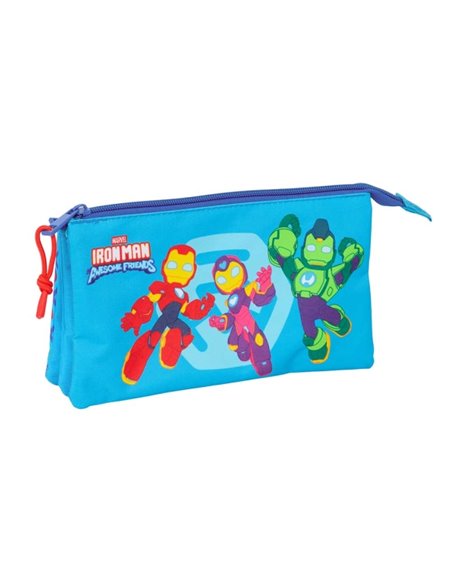 Safta Iron Man Trousse - 3 Compartiments Avec Cremalleras - Poche Intérieur - 0.60L - 220x30x120mm - Couleur Bleu
