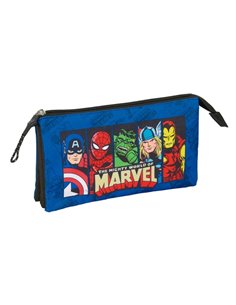 Safta Avengers Trousse - 3 Compartiments Avec Cremalleras - Poche Intérieur - 0.60L - 220x30x120mm - Couleur Bleu Foncé