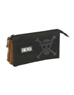 Safta One Piece Trousse - 3 Compartiments Avec Cremalleras - Poche Intérieur - 0.6L - 220x30x120mm - Couleur Noir