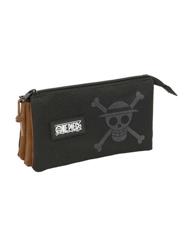 Safta One Piece Trousse - 3 Compartiments Avec Cremalleras - Poche Intérieur - 0.6L - 220x30x120mm - Couleur Noir