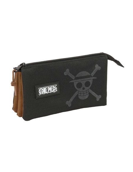 Safta One Piece Trousse - 3 Compartiments Avec Cremalleras - Poche Intérieur - 0.6L - 220x30x120mm - Couleur Noir