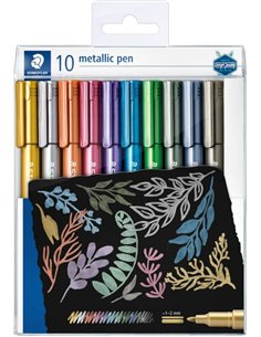 Staedtler Metallic Pen Pack de 10 Feutres de Pointe Fina - Trait 1 - 2mm Aprox - Encre Base de Eau - Couleurs assorties