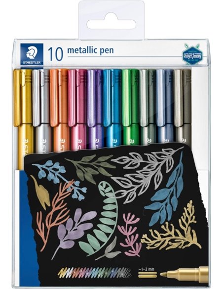 Staedtler Metallic Pen Pack de 10 Feutres de Pointe Fina - Trait 1 - 2mm Aprox - Encre Base de Eau - Couleurs assorties