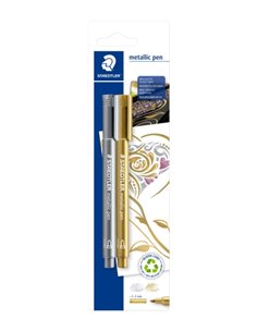 Staedtler Metallic Pen Pack de 2 Feutres de Pointe Fina - Trait 1 - 2mm - Encre Base de Eau - Couleurs Oro et Argent