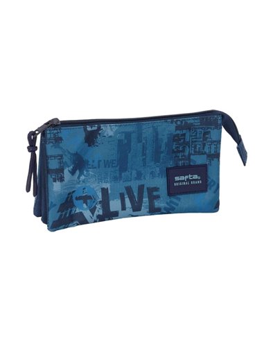 Safta New Edition Trousse - 3 Compartiments Avec Cremalleras - Poche Intérieur - 0.6L - 220x30x120mm - Couleur Bleu