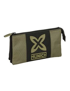 Safta Munich West Trousse - 3 Compartiments Avec Cremalleras - Poche Intérieur - 0.6L - 220x30x120mm - Couleur Noir et Vert