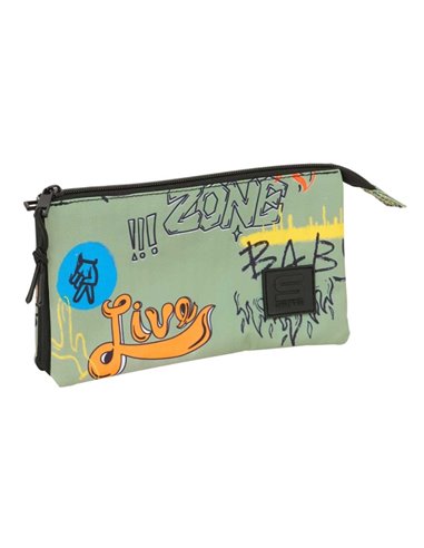 Safta Graffiti Zone Trousse - 3 Compartiments Avec Cremalleras - Poche Intérieur - 0.60L - 220x30x120mm - Couleur Vert