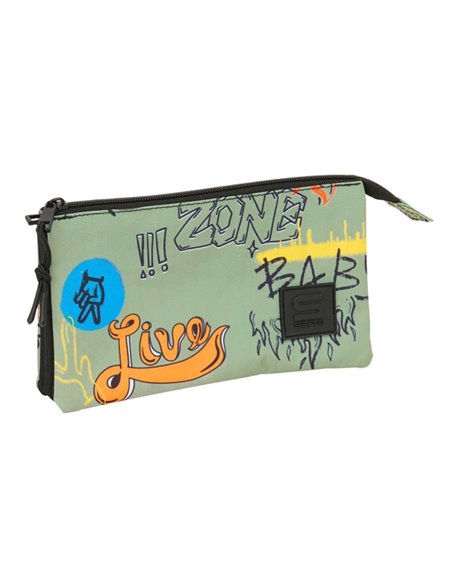 Safta Graffiti Zone Trousse - 3 Compartiments Avec Cremalleras - Poche Intérieur - 0.60L - 220x30x120mm - Couleur Vert