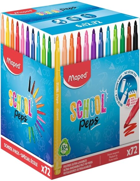 Maped Couleur`Peps Longlife School Pack de 72 Feutres Avec Pointe Media Bloqueada 3.7mm - Encre Lavable - Couleurs assorties