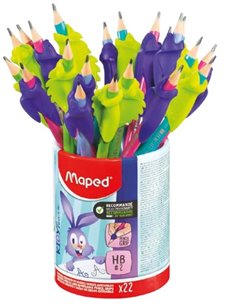 Maped Kidy Lern Bote Avec 22 Lapices de Grafito 2HB + Guias Pour Dedos - 2 Modelos Camaleon et Conejo - Adaptée Pour la Mayoria 