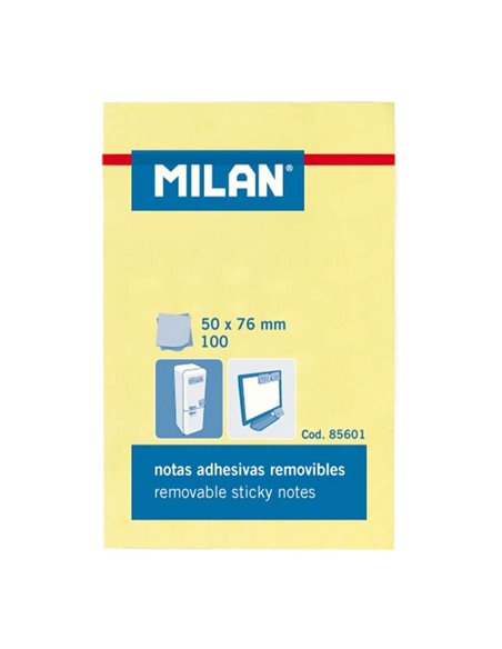Milan Bloc de 100 Notas Adhesivas - Removibles - 50mm x 76mm - Couleur Jaune Clair