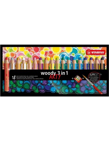 Stabilo Woody 3 en 1 Arty Pack de 18 Lapices de Couleurs + Sacapuntas + Pincel - Crayon de Couleur, Cera et Acuarela, Todo en Un