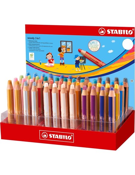 Stabilo Woody 3 en 1 Présentoir Avec 48 Lapices de Couleurs - Crayon de Couleur, Cera et Acuarela, Todo en Un - Mina XXL 10mm - 