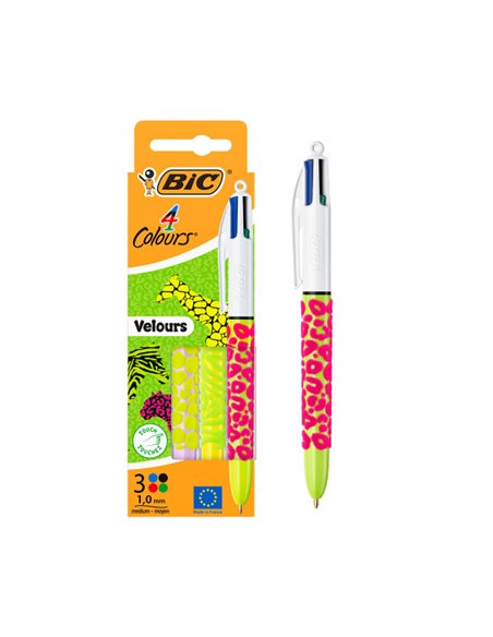Bic 4 Colours Velours Pack Avec 3 Stylo à bille de Bola Retractil - Pointe Media de 1.0mm - Encre Avec Base de Aceite - Corps Av